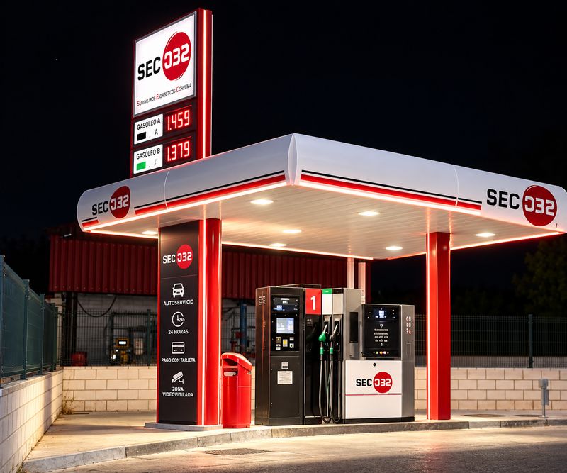 Estación de servicio de Peñarroya-Pueblonuevo de noche