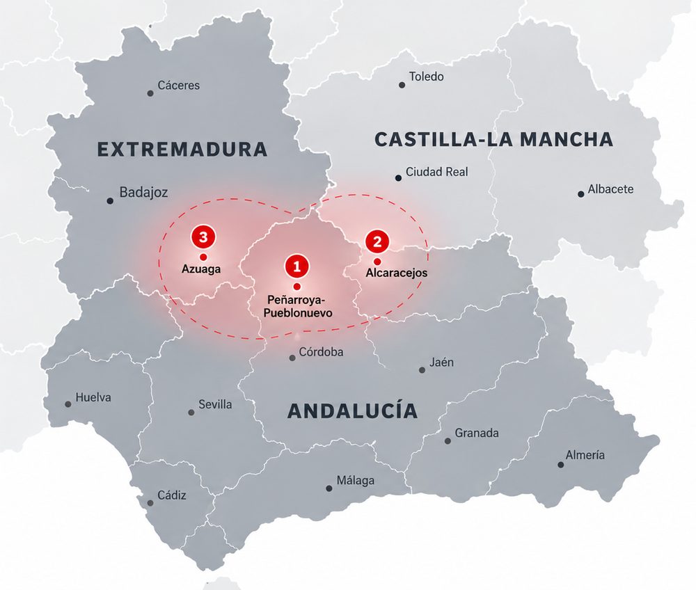 Mapa de zonas de trabajo de SEC: Peñarroya-Pueblonuevo, Alcaracejos y Azuaga, en Andalucía, Extremadura y Castilla-La Mancha